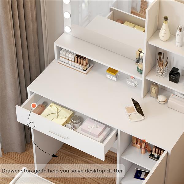 Vanity Desk with Mirror & Light, Large Drawer Three Level Storage Dresser, 3 Lighting Modes Adjustable Brightness, Bedroom Dressing Table (White with Stool)