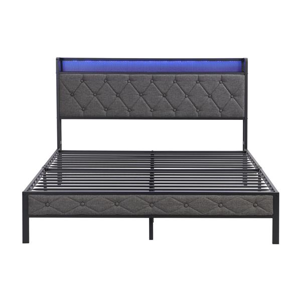 Queen Bed Frame with Storage Headboard, Charging Station and LED Lights, Upholstered Platform Bed with Heavy Metal Slats, No Box Spring Needed, Noise Free, Easy Assembly, Dark Gray