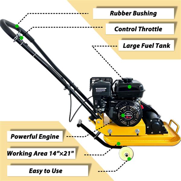 Plate Compactor Rammer, 6.5HP 196cc Gas Engine 5488 VPM 2500 LBS Compaction Force, 21 x 14 inch Plate, Ground Compactors for Paving Landscaping Sidewalk Patio, EPA Compliant