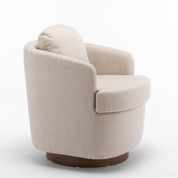 035-Linen Fabric Swivel Accent Chair With Soild Wood Round Brown Base Leg,Beige