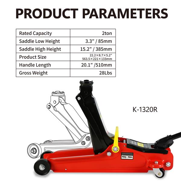 Floor Jack, 2 Ton Low Profile Floor Jack, Heav yDuty Steel Racing Floor Jack with Single Piston QuickLift Pump, Floor Jack Lifting Range 3.3"-15.2"