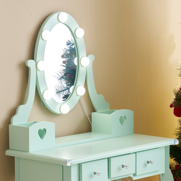 FCH Kids Vanity Set with Mirror and Lights and Stool, 5 Storage Drawers, Pretend Play Princess Makeup Desk Dressing Table and Stool Set for Little Girls Age 3+, Macaroon Green