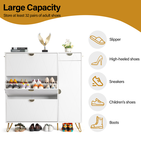 FCH V-shaped carved door panel 3 drawers on the left 1 drawer on the right 1 door shoe cabinet particle board 120*24*125cm white cabinet + gold accessories