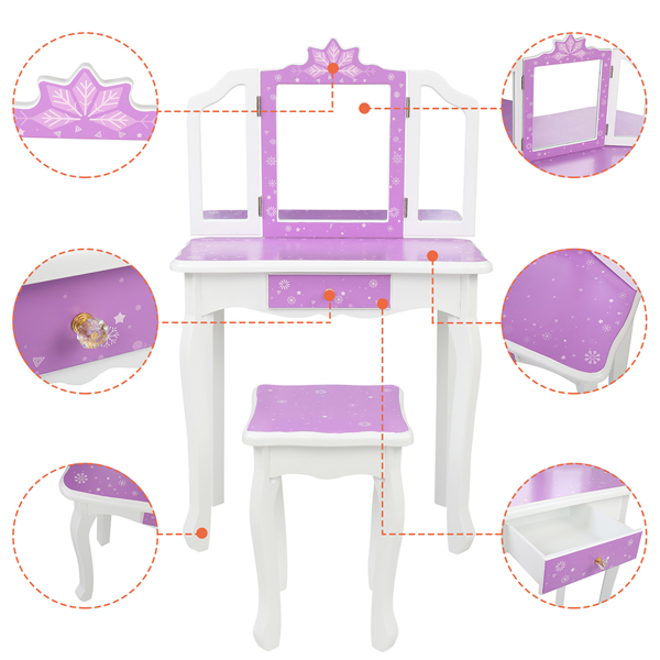 Children's Wooden Dressing Table Three-Sided Folding Mirror Dressing Table  Chair Single Drawer Purple   Snowflake Style