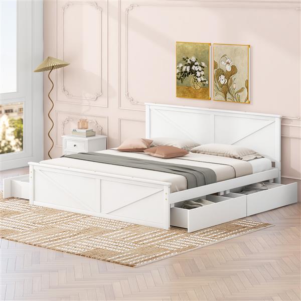 King Size Wooden Platform Bed with Four Storage Drawers and Support Legs, White