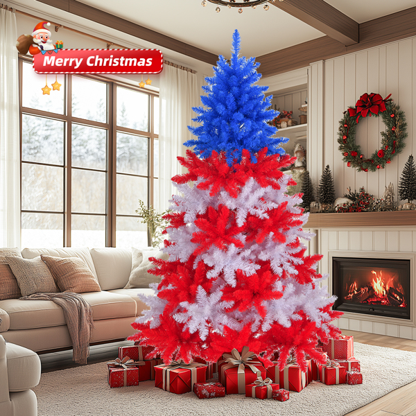 6 FT Patriotic Artificial Christmas Tree, Hinged Tree 4th of July Patriotic Decorations with 900 Branch Tips and Sturdy Metal Stand, Red & White & Blue