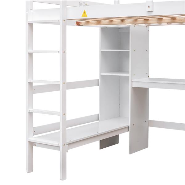 Full Size Loft Bed with Multifunction Shelves and Under-bed Desk, White