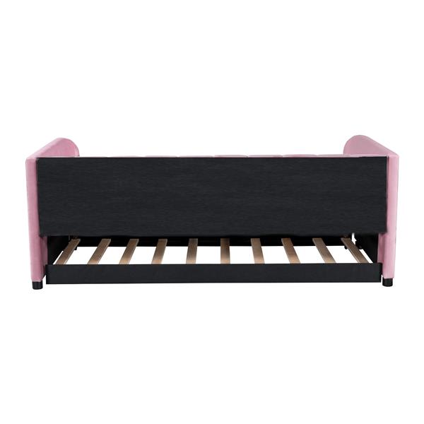 Twin Size Upholstered Daybed with Ergonomic Design Backrest and Trundle, Pink