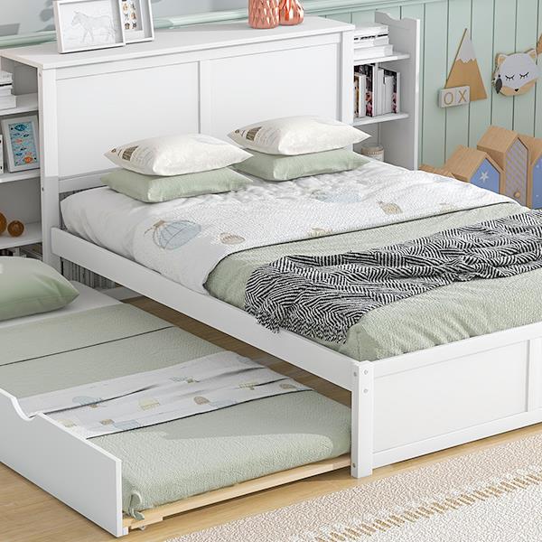 Full Size Storage Platform Bed with Pull Out Shelves and Twin Size Trundle, White