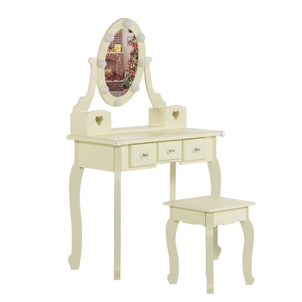 FCH Kids Vanity Set with Mirror and Lights and Stool, 5 Storage Drawers, Pretend Play Princess Makeup Desk Dressing Table and Stool Set for Little Girls Age 3+, Macaroon Yellow