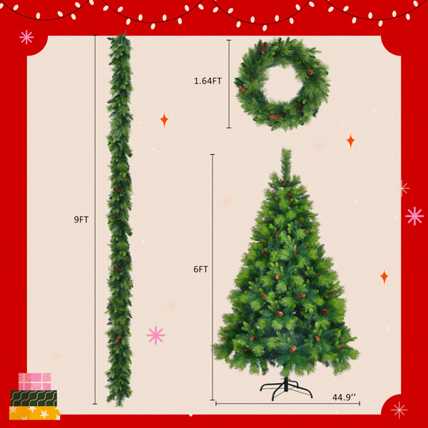 6FT Grass Green Christmas Tree, Large Branches Pine Tree, Pre-Lit Set with Tree & Garland & Wreath, Artificial Christmas with Pine Cones, Hinged Xmas Tree , for Holiday Party Ofiice Home 