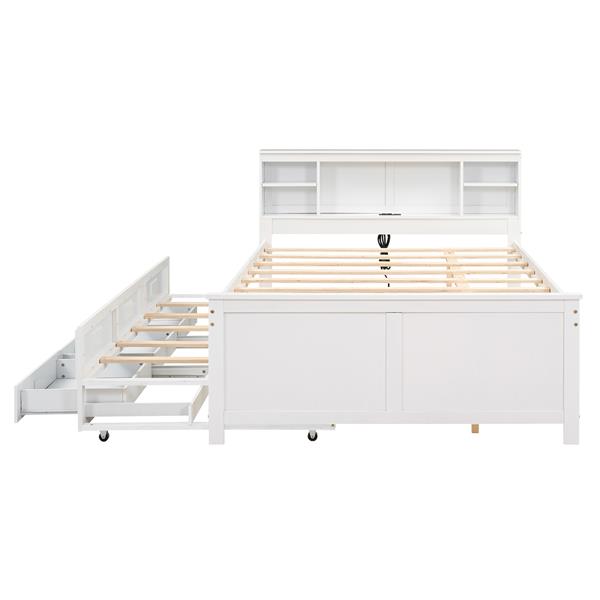 Full Size Platform Bed with Storage Headboard, USB, Twin Size Trundle and 3 Drawers, White