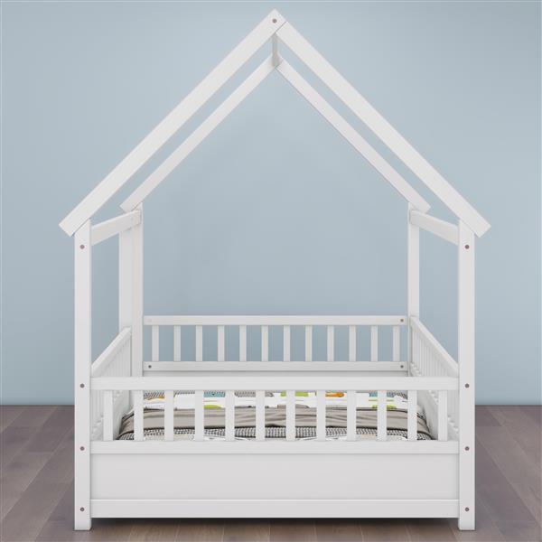 Full Size Floor Wooden Bed with House Roof Frame, Fence Guardrails,White