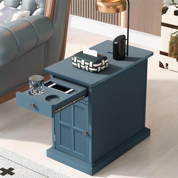 Classic Vintage Livingroom End Table Side Table with USB Ports and One Multifunctional Drawer with cup holders, Antique Navy