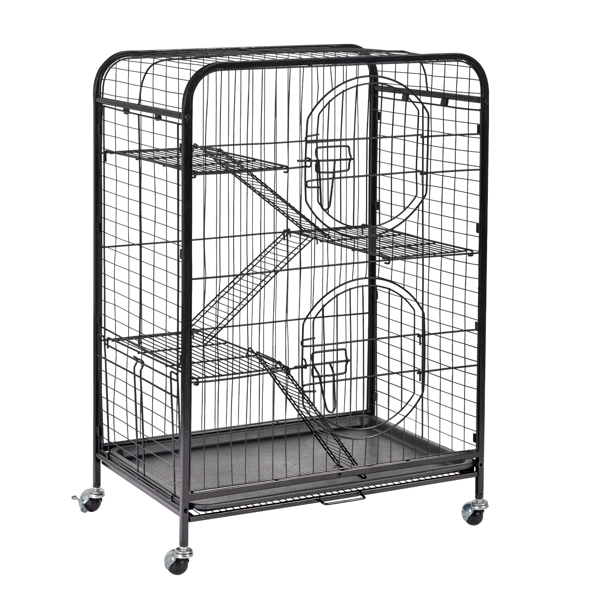 37" Metal Ferret Chinchilla Cage, Small Animals Hutch with Ramps and Feeders and Wheels, Rabbit Guinea Pig Rat Squirrel Kitten Playpen House, Black