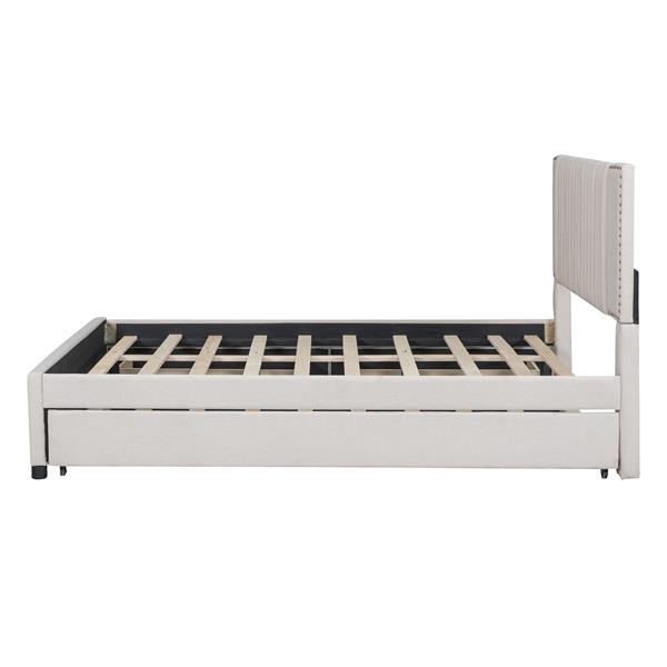 Queen Size Upholstered Platform Bed with 2 Drawers and 1 Twin XL Trundle, Classic Headboard Design, Beige