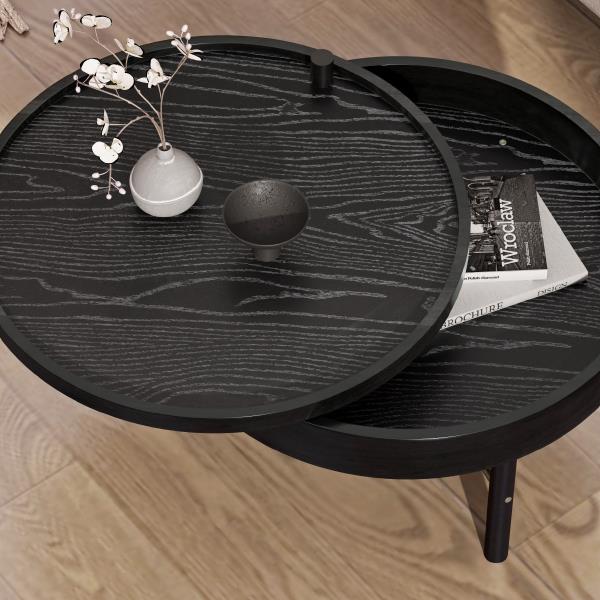 Modern Round Wood Rotating Tray Coffee Table with Storage & Metal Legs in Black