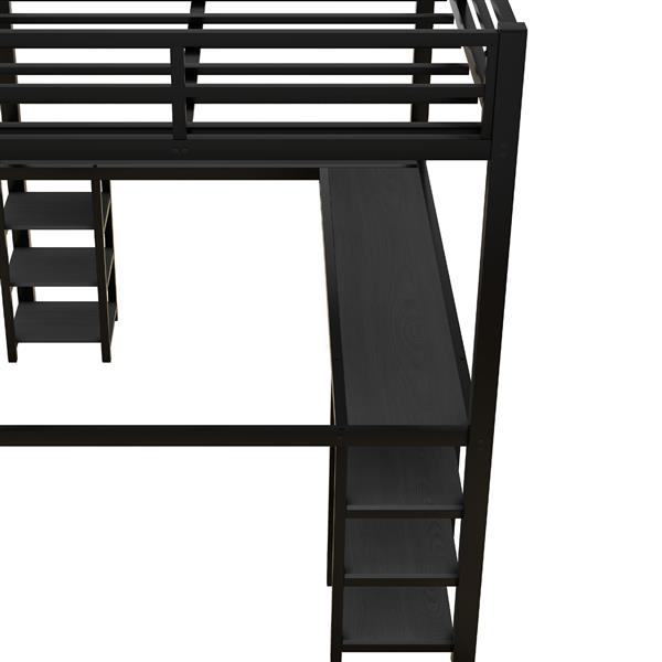 Full Metal Loft Bed with Desk and Shelves, Loft Bed with Ladder and Guardrails, Loft Bed Frame for Bedroom, Black with black desk