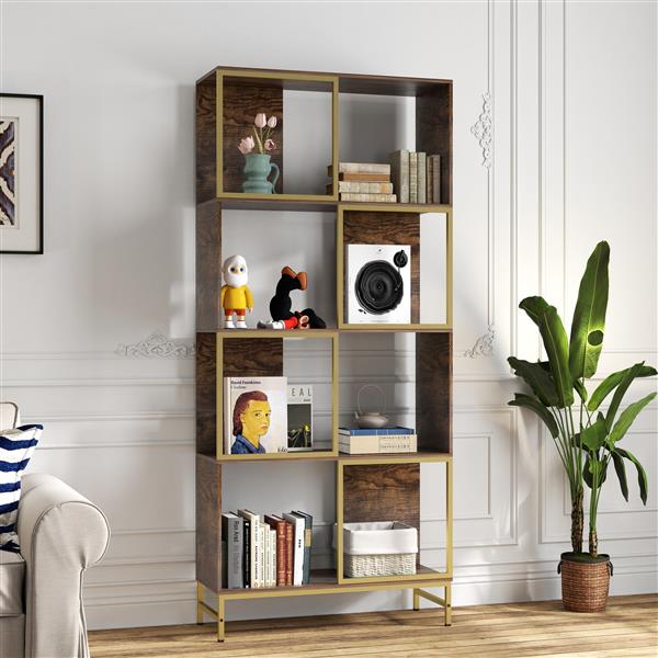 4-Tier Industrial Bookcase, Rustic Wood and Metal Frame, Asymmetrical Shelf Design, Display Storage Shelf for Living Room, Home Office, Small Space