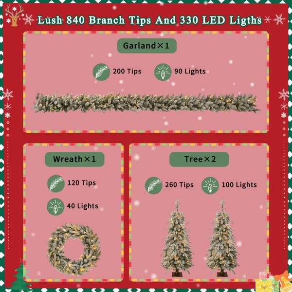 Pre-lit Christmas Artificial Tree 4-Piece Set, Garland, Wreath and Set of 2 Entrance Trees, X-mas with LED Lights, PVC Festival Celebration Set, Green 