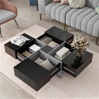 Unique Design Coffee Table with 4 Hidden Storage Compartments, Square Cocktail Table with Extendable Sliding Tabletop, UV High-gloss Design Center Table for Living Room, 31.5\\"x 31.5\\"