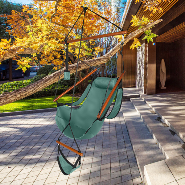 Oxford Cloth Hardwood With Cup Holder Wooden Stick Perforated 100kg Seaside Courtyard Oxford Cloth Hanging Chair   Green