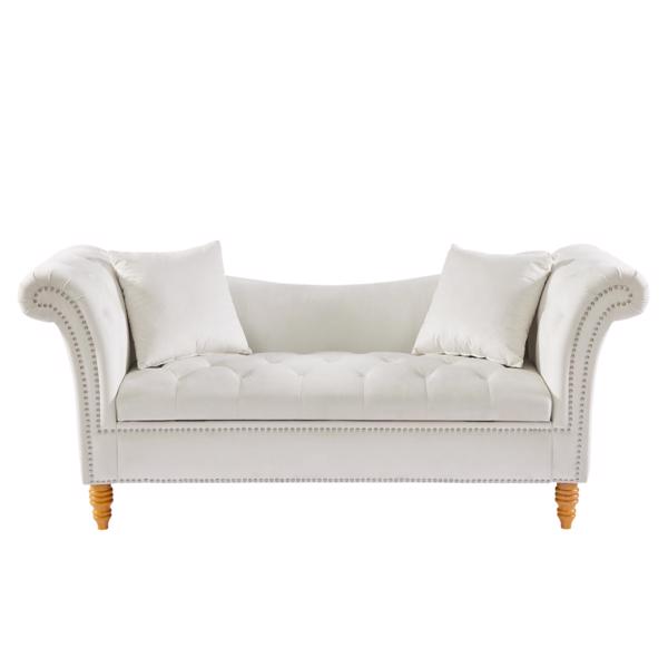 Velvet Sofa Stool with 2 Pillows in Beige, With Storage Space, Suitable for Living Room And Lounge