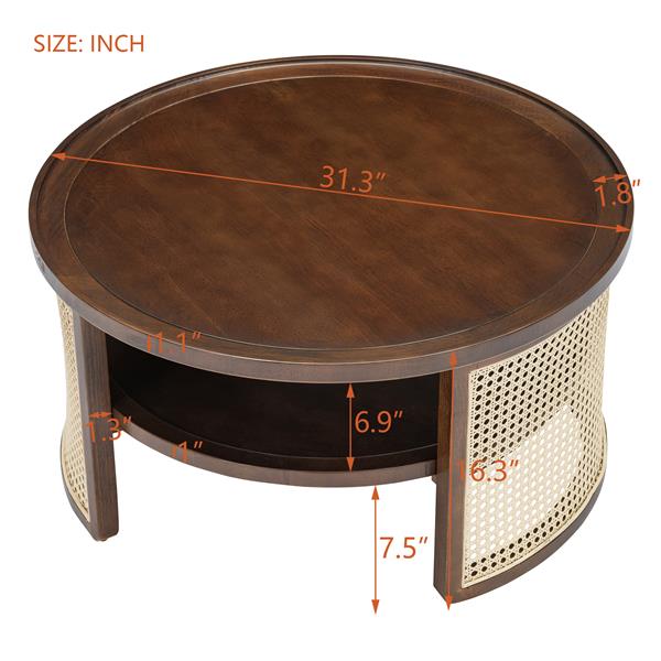 2-Tiered Round Walnut Wood Coffee Table with Storage Rattan Base in 31.3''