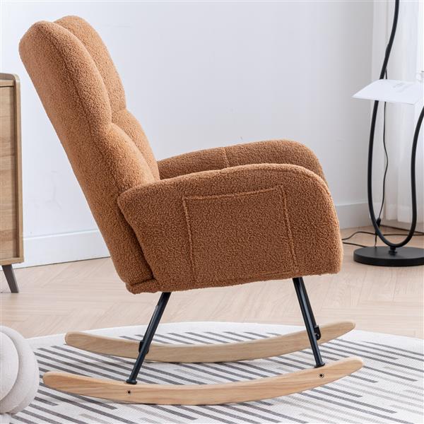 Rocking Chair with Pocket, Soft Teddy Fabric Rocking Chair for Nursery, Comfy Wingback Glider Rocker with Safe Solid Wood Base for Living Room Bedroom Balcony (brown)