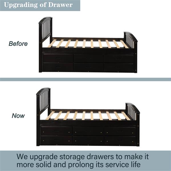 . Twin Size Platform Storage Bed Solid Wood Bed with 6 Drawers