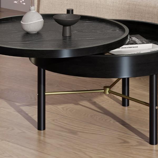 Modern Round Wood Rotating Tray Coffee Table with Storage & Metal Legs in Black