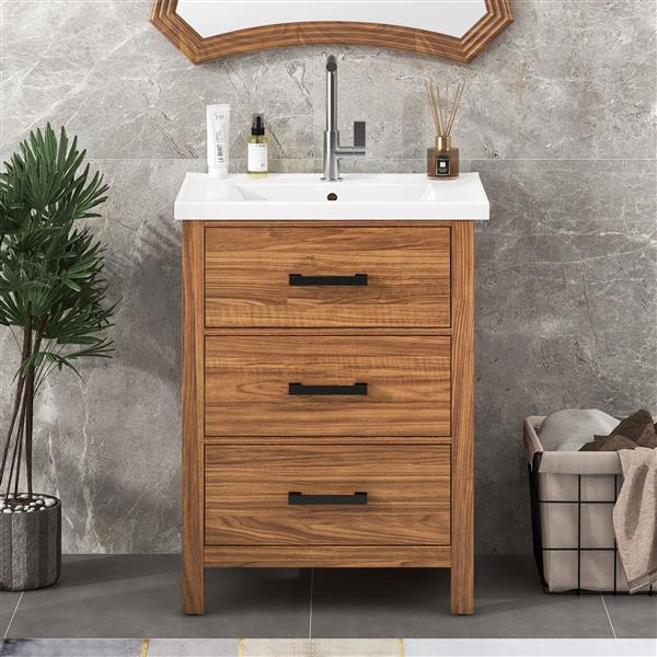 24'' Bathroom Vanity with Ceramic Basin Sink, Modern Bathroom Storage Cabinet with 3 Drawers,  Bathroom Vanity Cabinet with Single Sink