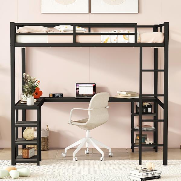 Full Metal Loft Bed with Desk and Shelves, Loft Bed with Ladder and Guardrails, Loft Bed Frame for Bedroom, Black with black desk