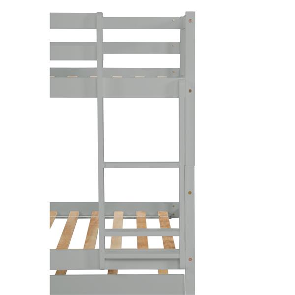 Twin Over Twin Bunk Beds with Trundle, Solid Wood Trundle Bed Frame with Safety Rail and Ladder, Kids/Teens Bedroom, Guest Room Furniture, Can Be converted into 2 Beds,Grey