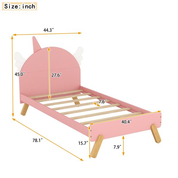 Wooden Cute Bed With Unicorn Shape Headboard,Twin Size Platform Bed,Pink