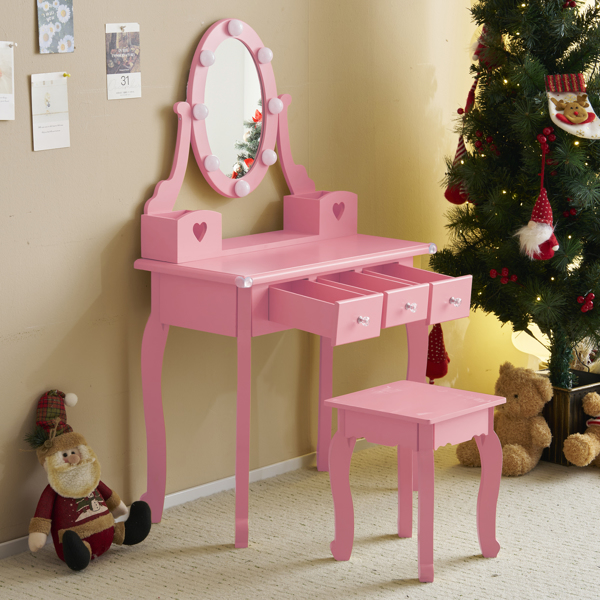 FCH Kids Vanity Set with Mirror and Lights and Stool, 5 Storage Drawers, Pretend Play Princess Makeup Desk Dressing Table and Stool Set for Little Girls Age 3+, Macaroon Pink