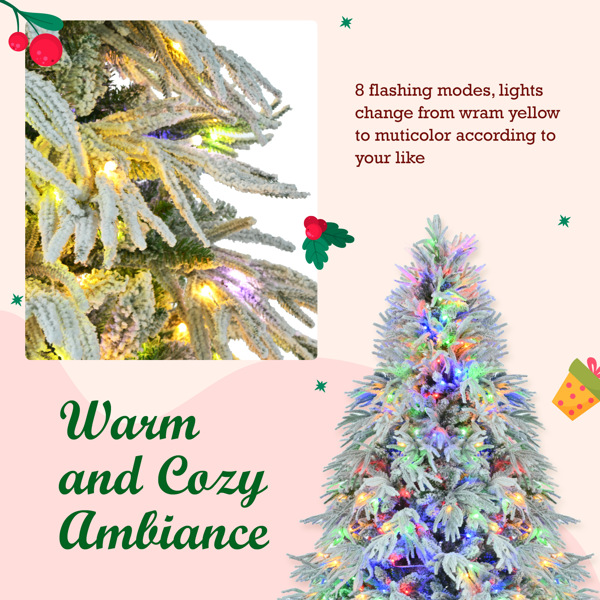 6FT Pre-Lit Spruce Snow Flocked Christmas Tree, Artificial Hinged Xmas Tree with 300 Multi-Color LED Lights, 8 Flashing Modes &790 Snow Branch Tips, Holiday Office Home Décor 