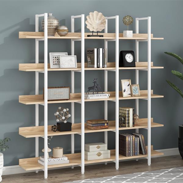 5 Tier Bookcase Home Office Open Bookshelf, Vintage Industrial Style Shelf, MDF Board, White Metal Frame, Oak