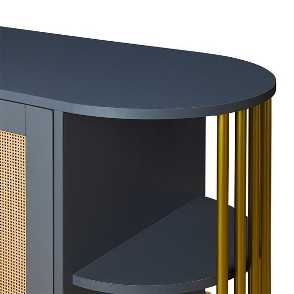 2-Door Elegant Curved Dining Cabinet with Gold Trim and Woven Rattan Doors for Dining Room (Dark Gray)