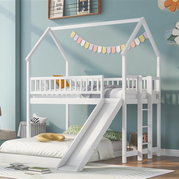 Twin over Full House Bunk Bed with Slide and Built-in Ladder, Full-Length Guardrail, White