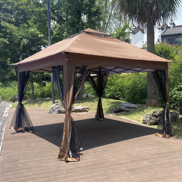 Outdoor 11x 11Ft Pop Up Gazebo Canopy With Removable Zipper Netting,2-Tier Soft Top Event Tent,Suitable For Patio Backyard Garden Camping Area with 4 Sandbags,Brown