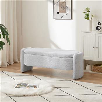 Oval Storage Bench 3D Lamb Fleece Fabric  Bench with Large Storage Space for the Living Room, Entryway and Bedroom,gray