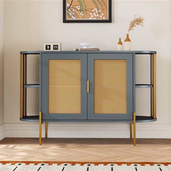 2-Door Elegant Curved Dining Cabinet with Gold Trim and Woven Rattan Doors for Dining Room (Dark Gray)