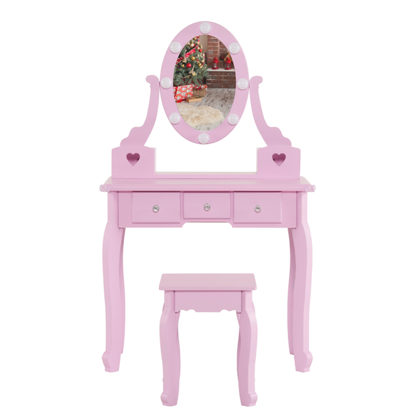 FCH Kids Vanity Set with Mirror and Lights and Stool, 5 Storage Drawers, Pretend Play Princess Makeup Desk Dressing Table and Stool Set for Little Girls Age 3+, Macaroon Purple