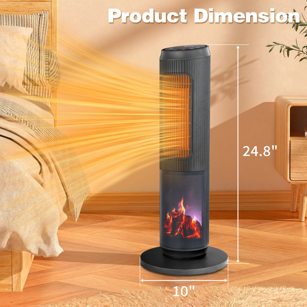 ZOKOP 25" Tower Space Heater with 3D Flame, 1500W Portable Electric Heater with Thermostat, 60° Oscillation, Timer, Remote Control, for Indoor Bedroom Office Home, Black