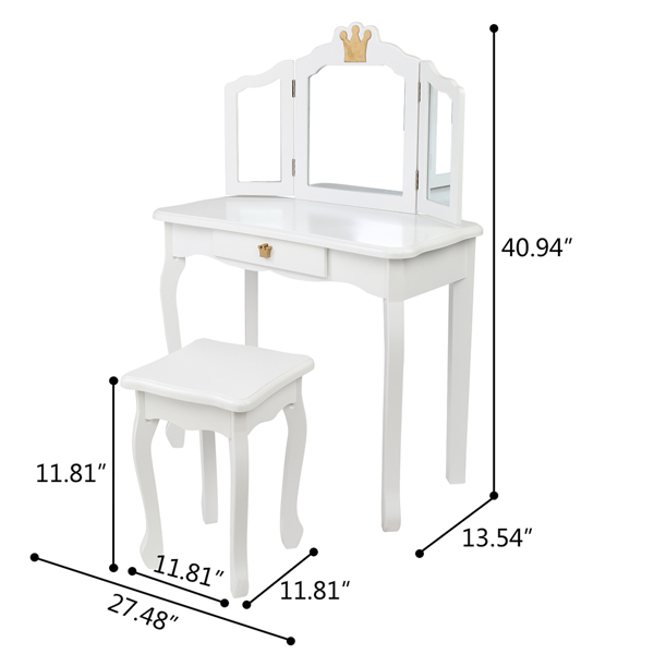 Children's Wooden Dressing Table Three-Sided Folding Mirror Dressing Table Chair Single Drawer White Crown Style