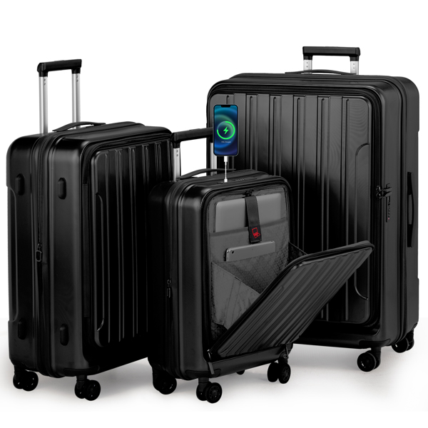 Luggage Sets 3 Piece, ABS+PC Front Open Hardshell Lightweight Luggages, Expandable Carry On Suitcase Set with TSA Lock & Double Wheels (20/24/28, Black)