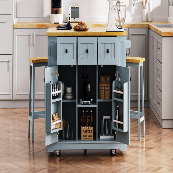 53inch Large Kitchen Island with Drop Leaf,Power Outlet,Door Internal Storage Rack,Rolling Kitchen Cart on 5 Wheels with 5 Open Side Racks for Kitchen,Dining Room,Grey Blue(Not include bar stools) 