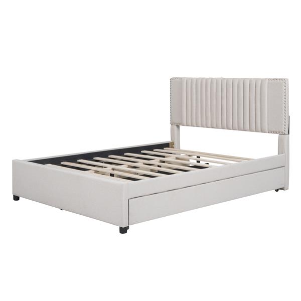 Queen Size Upholstered Platform Bed with 2 Drawers and 1 Twin XL Trundle, Classic Headboard Design, Beige