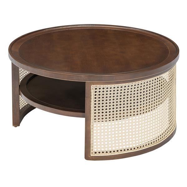 2-Tiered Round Walnut Wood Coffee Table with Storage Rattan Base in 31.3''